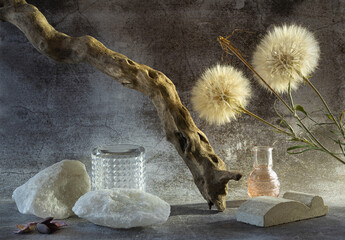 Podiums made of natural salt stone, a concrete mold and a glass cup, next to a decorative tree-a snag and dried flowers with a vase. Concept mockup display..