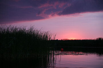 Late evening sunset near river Lielupe, with pink colors and cloudy.