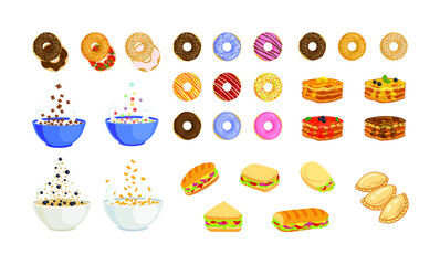 Vector Set of Different Breakfast Isolated on White Background, Bagels, Donuts, Cereals, Corn and Chocolate Flakes, Breakfast Menu Icons Set.