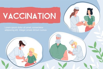 Set of vector cartoon flat doctors vaccinating different patient characters-coronavirus covid infection disease prevention,diagnostics,treatment and therapy medical concept,web site banner ad design