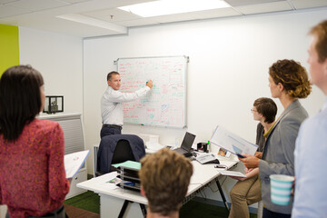 Fototapeta premium Businessman drawing on whiteboard in meeting