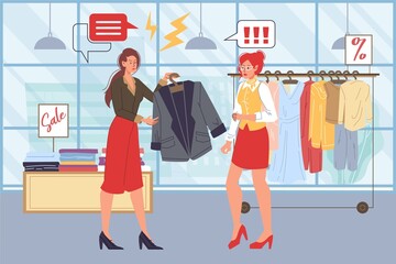 Vector cartoon flat seller and angry customer characters quarreling in clothing store.Anger management,purchase return,work with client objections,service quality concept,web site banner ad design - obrazy, fototapety, plakaty