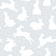 Seamless Pattern with cute bunny rabbits and dots on gray background for kids. Vector illustration. Happy Easter wallpaper. Abstract art print.