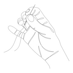 Silhouettes of a human hand that sews with a needle and thread in a modern style of one line. Continuous line drawing, outline for decor, posters, wall art, stickers, logo. Vector illustration.