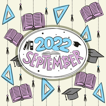 Thematic template for a calendar for 2022. September month. Design for the calendar on the theme of autumn, school, education and the day of knowledge. Vector hand-drawn illustration, doodle style.