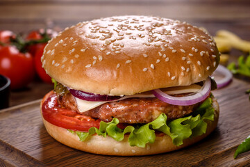 Craft beef burger and french fries on a black background