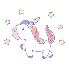 Cute Baby unicorn with hearts and stars. Unicorn hand drawn isolated on a white background (Pastel pattern). Illustration of fairytale horse 