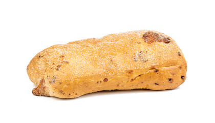italian bread ciabatta with cheese and onion isolated on white background. ciabatta bun cut out