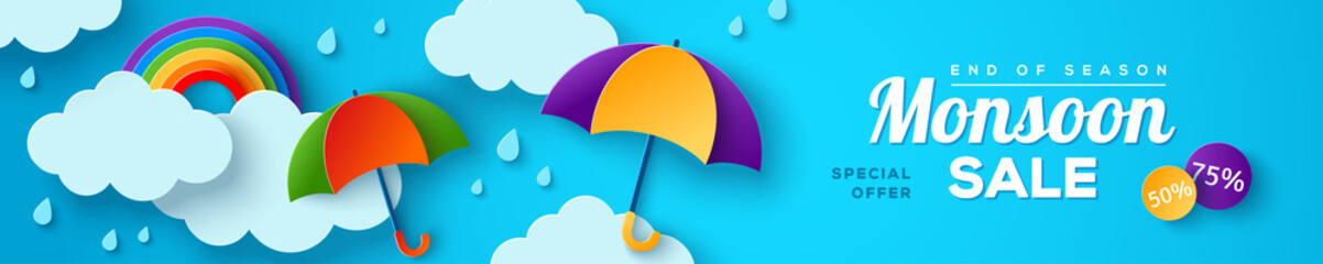 Monsoon sale offer banner template with paper cut clouds, rainbow and colorful umbrella on blue background. Vector illustration. Place for text. Overcast sky with rain - obrazy, fototapety, plakaty