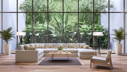 Modern living room with tropical style garden background 3d render, There are wooden floor decorate with white fabric large sofa set