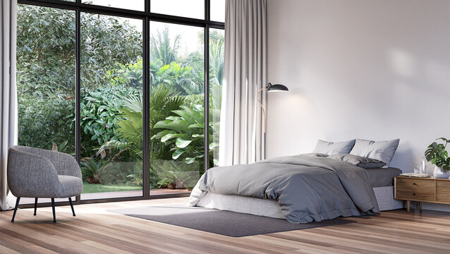 Modern bedroom with tropical style garden view 3d render,The Rooms have wooden floors ,decorate with gray fabric bed,There are large sliding doors, Overlooks wooden terrace and green garden.
