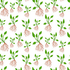 Plant with roots vector seamless pattern. Grow up plant pattern. Hand drawn spring illustration. Textile, wrapping paper, greeting card, wallpaper.