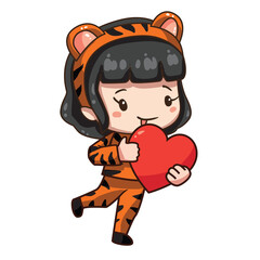 Vector illustration of cute chibi character isolated on white background. Cartoon girl in tiger costume for chinese new year 2022. 
