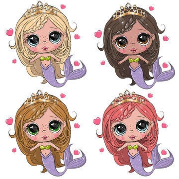 Cartoon Mermaids  in different colors on a white background