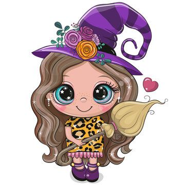 Cartoon witch in purple dress and hat
