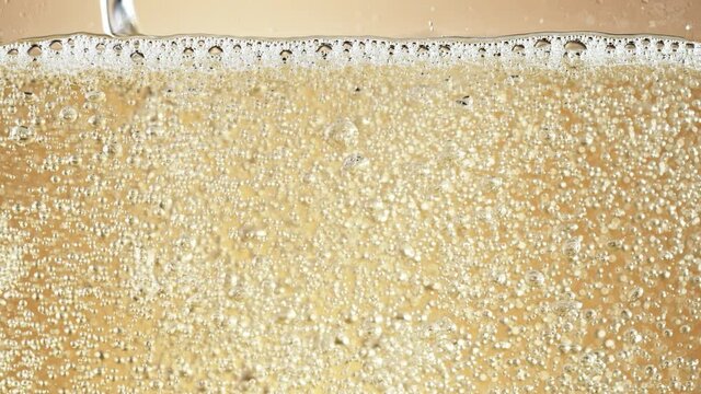 Super slow motion of champagne bubbles texture. Filmed on high speed cinema camera, 1000 fps