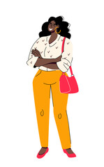 African american confident business woman stands in a confident posture. Fashionable office outfit. Plus size model. Vector illustration isolated on white background