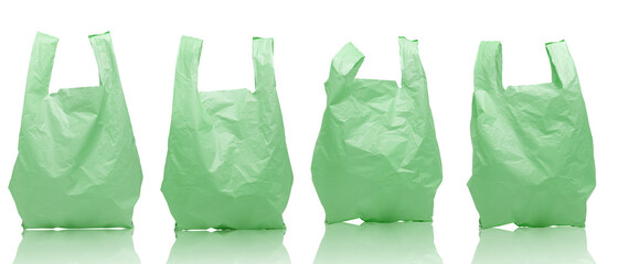 Set of Set of green plastic bag isolated on white background