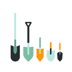 Vector shovel set. Flat style spade illustration set. For sticker, decor, textile.