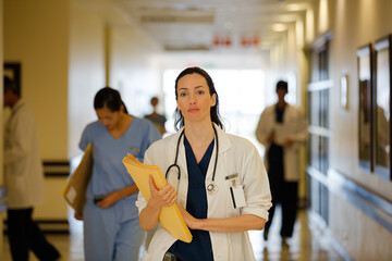 Doctor carrying folders in hospital