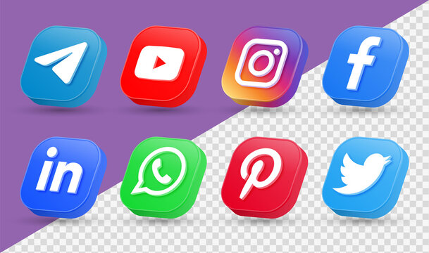 Social media 3d icons. social network 3d logo or networking - popular social media icons in 3d modern square facebook, instagram, youtube, telegram, twitter, pinterest, whatsapp, linkedin logo icon