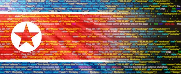 Creative (North Korea) flag banner of Binary Code ,modern technology and site development, 3D illustration.
