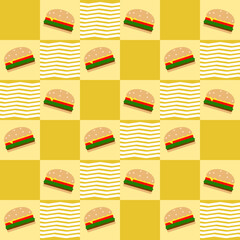 Seamless pattern. Cute cartoon hamburger on a checkered yellow background. For tablecloth pattern, dining room decoration, kitchen, tile, wallpaper, gift wrap, food wrap. Illustration flat art. EPS10.