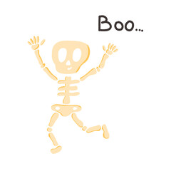 Vector poster with a funny skeleton and the inscription Boo... in a flat style on a white background. Illustration for Halloween, T-shirts, gift wrapping, postcards, holidays