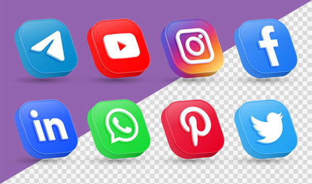 Social media 3d icons. social network 3d logo or networking - popular social media icons in 3d modern square facebook, instagram, youtube, telegram, twitter, pinterest, whatsapp, linkedin logo icon