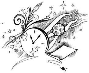 Black and white graphic illustration on the theme of literature, poetry, and flight of fantasy. Suitable for science fiction with time travel and space travel
