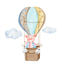 Fototapety  set of watercolor illustrations of cartoon pig in a hot air balloon in the clouds. This is a vintage illustration of a baby shower