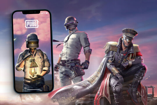 Player's Unknown Battleground also known as PUBG online shooting gaming mobile game app on smartphone screen with the game blurred on background. Rio de Janeiro, RJ, Brazil. August 2021.