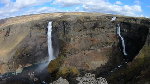 Wide shot of Haifoss and Granni waterfalls in Iceland