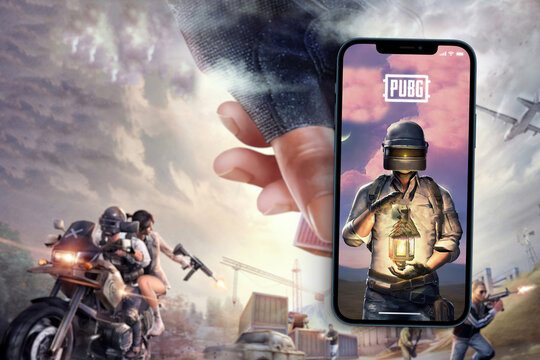 Player's Unknown Battleground, PUBG online shooting gaming mobile game app on smartphone screen with the game blurred on background. Rio de Janeiro, RJ, Brazil. August 2021.