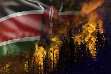 Forest fire fight concept, natural disaster - flaming fire in the woods on Kenya flag background - 3D illustration of nature