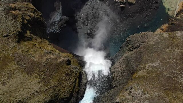Top-down aerial view of Haifoss waterfall in Iceland, Europe