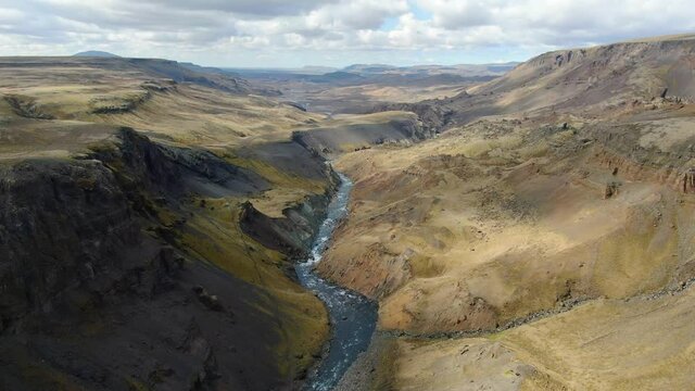 Aerial view of the canyon of Fossa river, close to Haifoss waterfall in Iceland