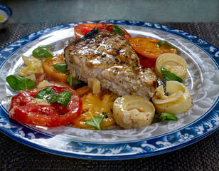 Grilled Swordfish with Heirloom Tomato's, Basil and Hearts of Palm Salad.