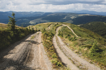 Many roads on the Romanian-Ukrainian border in the Carpathian mountains, a tourist route through...