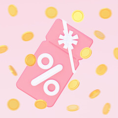 A gift ticket with a white bow with scattered coins. 3d rendering.