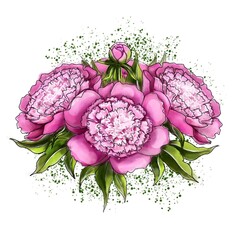 Lovely delicate pink peonies on a white background with green splashes 