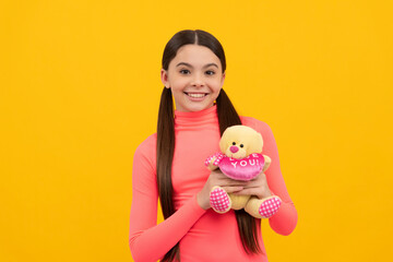 happy valentines day. be my valentine. cheerful kid hold bear toy. toy shop concept.