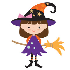 Cute Halloween witch girl vector cartoon illustration