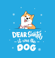 The handwritten text and funny dog with snow. The lettering phrase Dear Santa, it was the dog. The head Akita is good for Christmas cards. Vector illustration