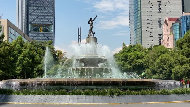 The iconic monument Diana the Huntress, Diana Cazadora, is seen during a sunny morning in Paseo de La Reforma avenue, Mexico City, Mexico.