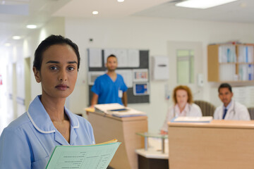 Nurse standing in hospital hallway