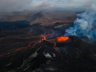 Impressive aerial view of the exploding red lava from the Active Volcano in Iceland