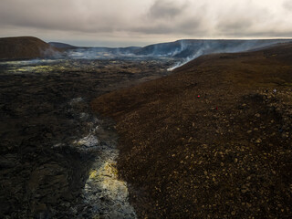 Impressive aerial view of the exploding red lava from the Active Volcano in Iceland