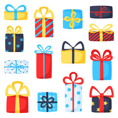 Collection of holiday gifts. A set of vector illustrations of holiday presents. Christmas clipart.