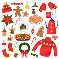 Winter and Christmas elements set. Colorful vector items. Christmas illustration. New Year decoration clipart. Design for prints and cards.